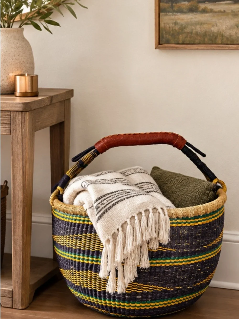 Large Bolga Basket Woven Striped Storage Basket Leather Handle Multicolor Ghana